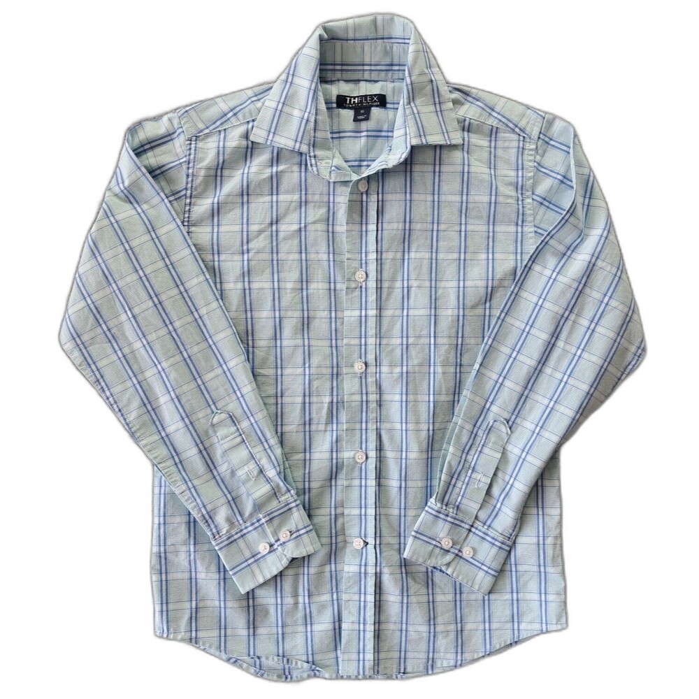 Tommy Hilfiger Boys Sz 10 Button Down Up Plaid Dress Shirt Long Sleeve THFLEX